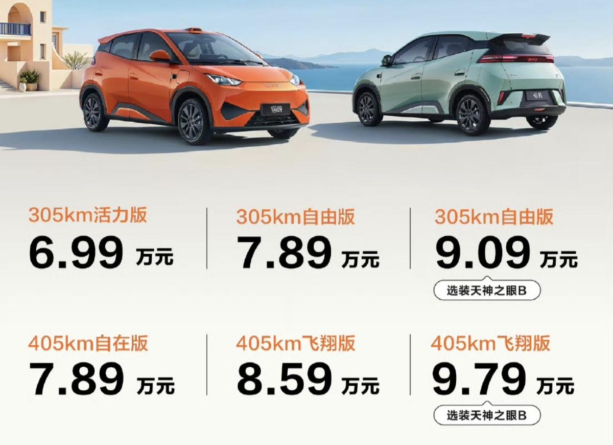 新款比亚迪海鸥刚刚（5月11日）新款公布售价区间，在6.99万—8.59万之间。