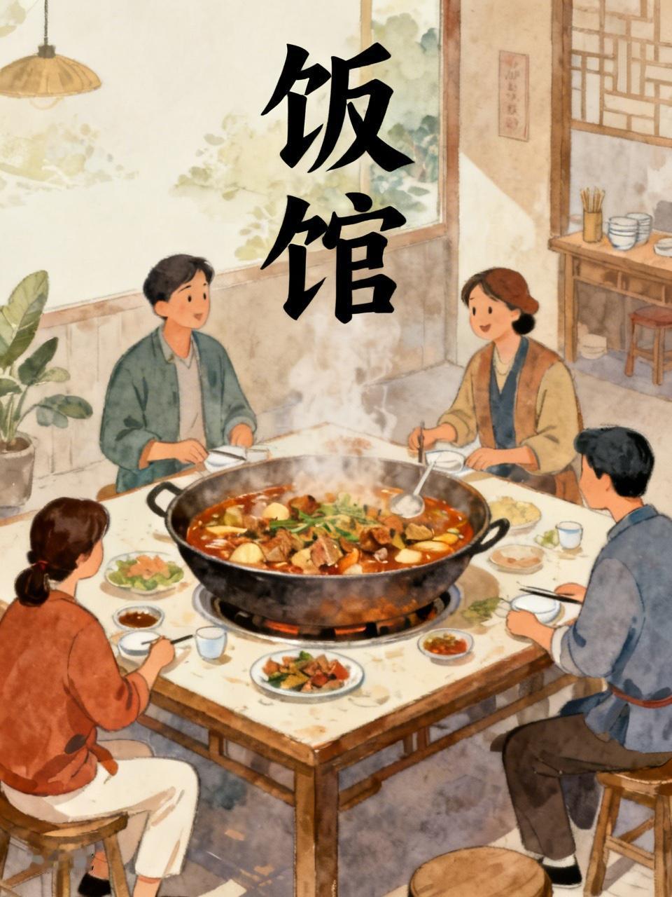 饭馆（小说）县城路口大菜馆，大锅炖有两人，四人，六人，八人餐，锅子越来越大