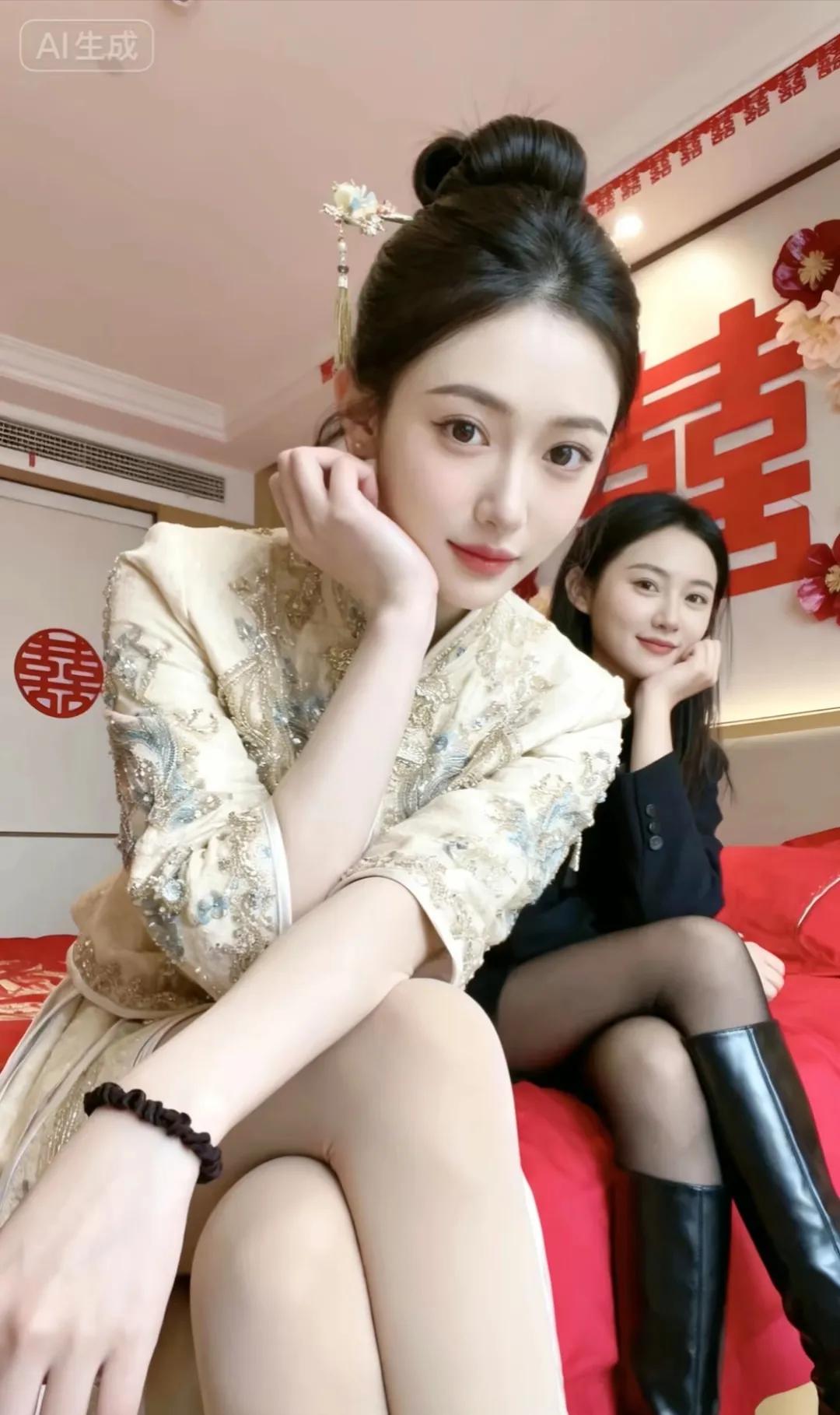 👭姐妹情深，新娘穿着旗袍，一起拍照，一起开心！💕📸