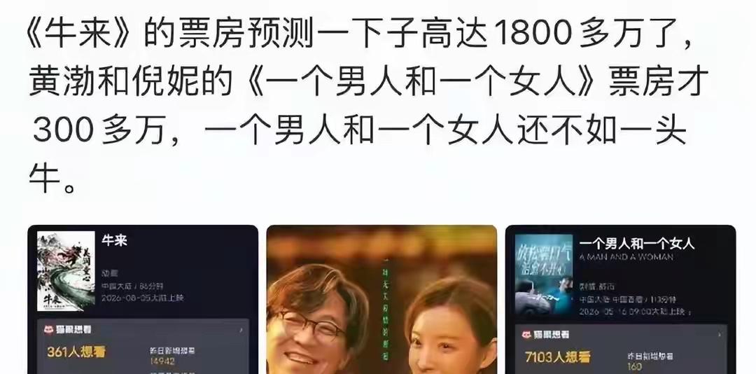 谁能想到百亿影帝黄渤居然干不过《牛来》了黄渤倪妮主演的《一个男人和一个女人》，