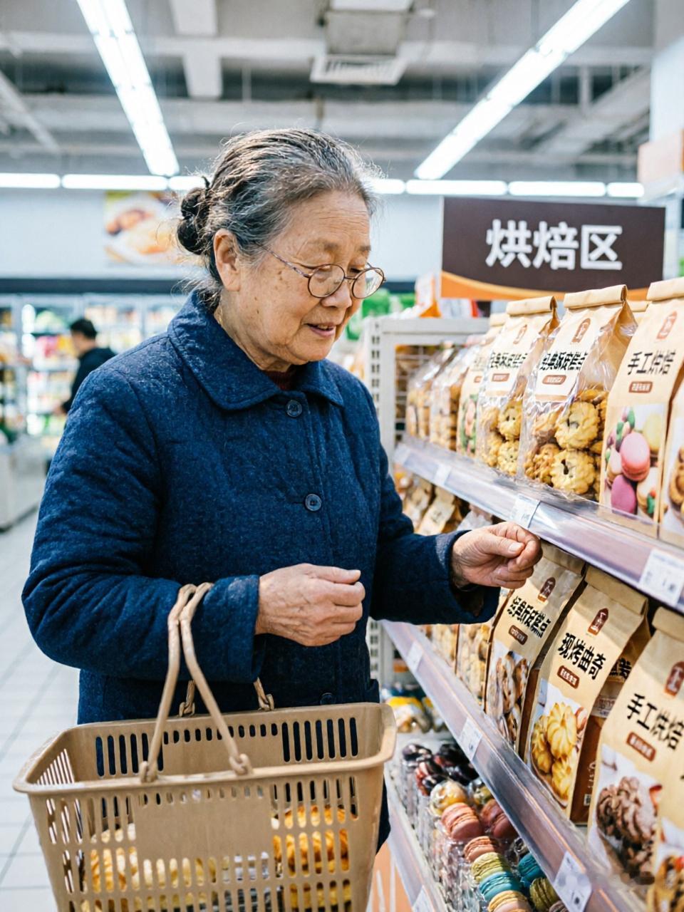 刚刚去超市买东西，碰到一位陌生阿姨，正在挑面包糕点，动作利利索索，风风火火的。