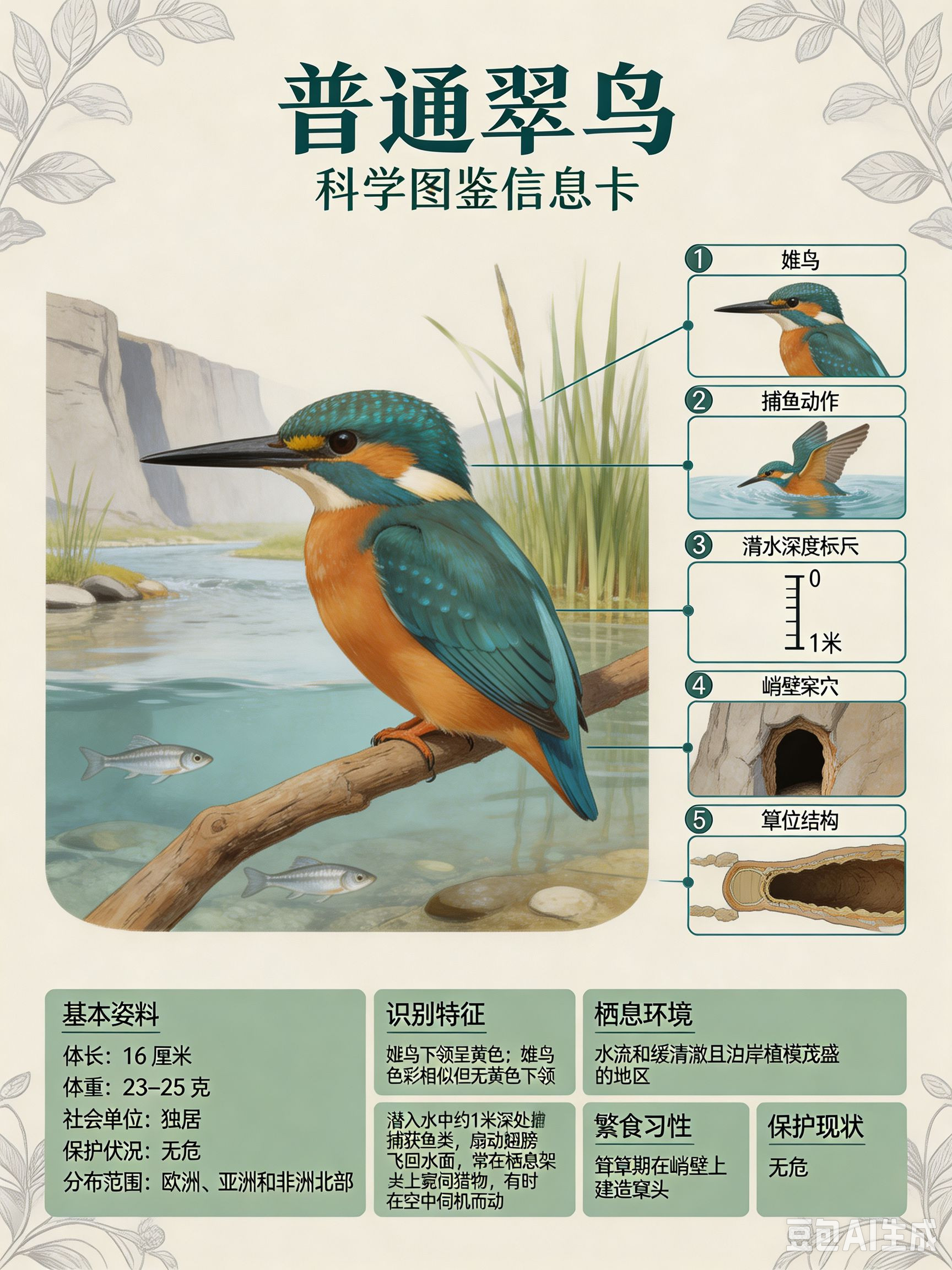 鸟类朋友图鉴普通翠鸟体长：16厘米体重：23~25克社会单位：独居保护状况
