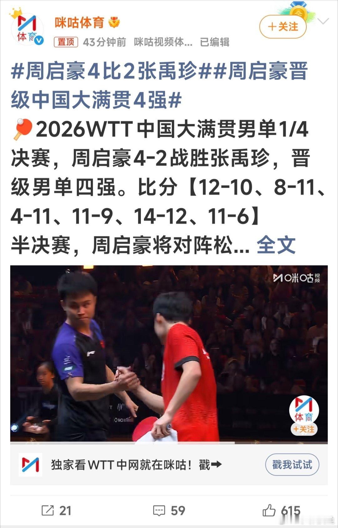 #周启豪4比2张禹珍#男乒独苗周启豪进四强了，下一场对松岛辉空要更艰难。#周启豪晋级中国大满贯4强#