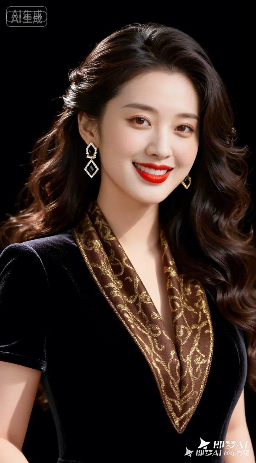 优雅红唇，金色耳环，黑色礼服，尽显女性魅力！