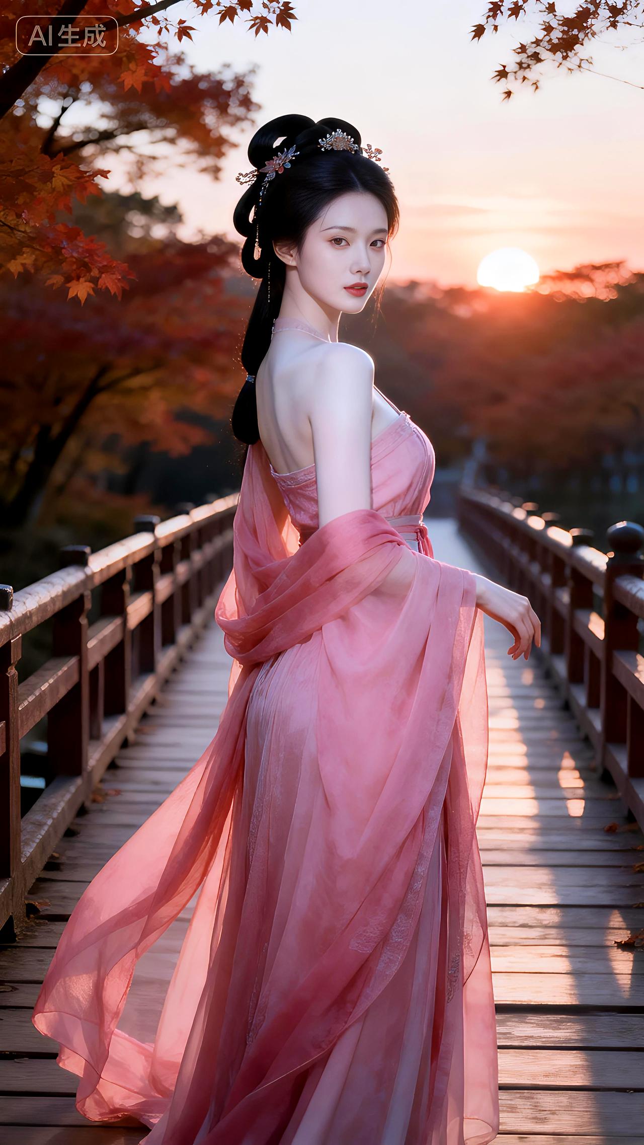 枫染长桥胭脂色，惊鸿一瞥映斜阳。豆包壁纸写真夕阳