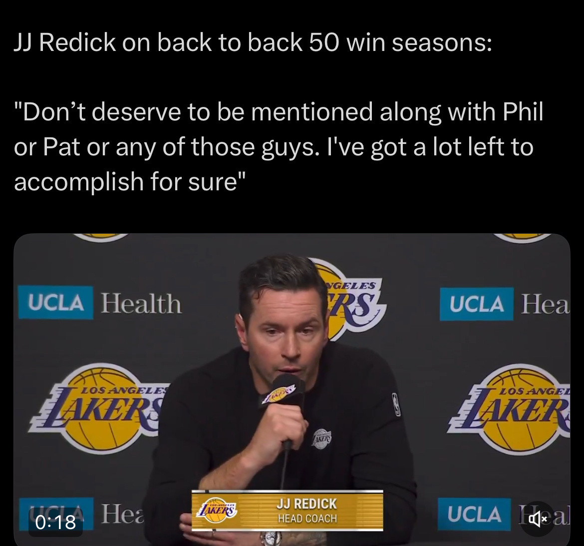 雷迪克谈到他创造的连续50+胜场执教记录：“我还不配和菲尔·杰克逊、帕特·莱利这