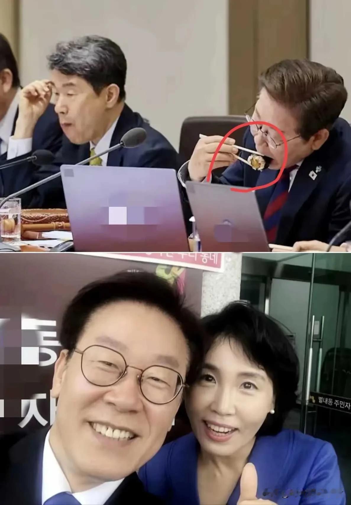 李在明上班还带饭，这应该是妻子做的紫菜包饭吧。看起来吃的好香啊！李在明看起来很