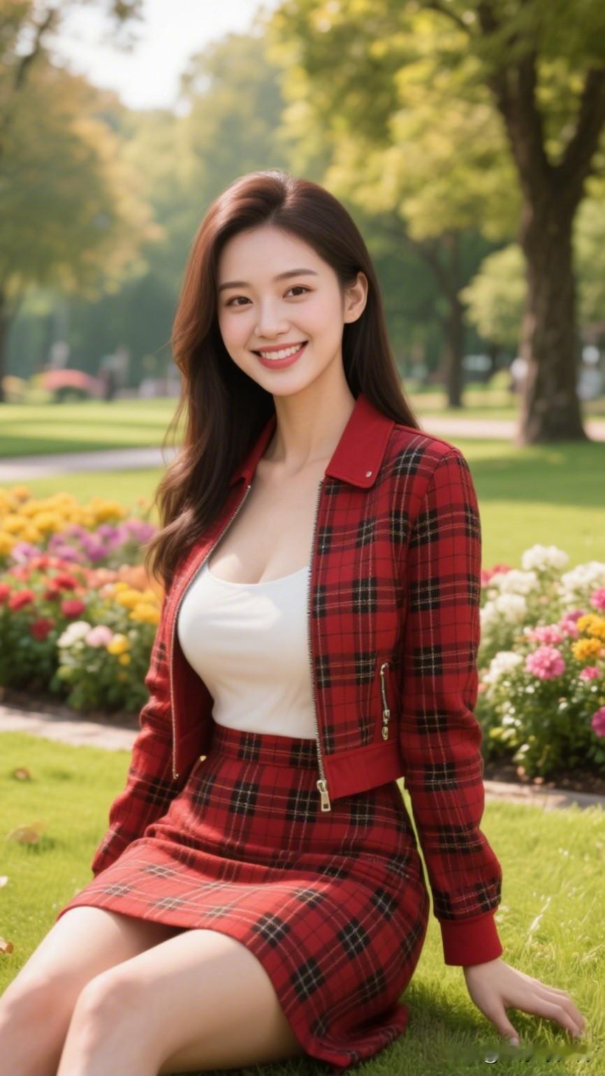 红衣映绿草，笑语入花丛。用镜头记录生活的美阳光明媚的公园里，笑容甜美的她，红格