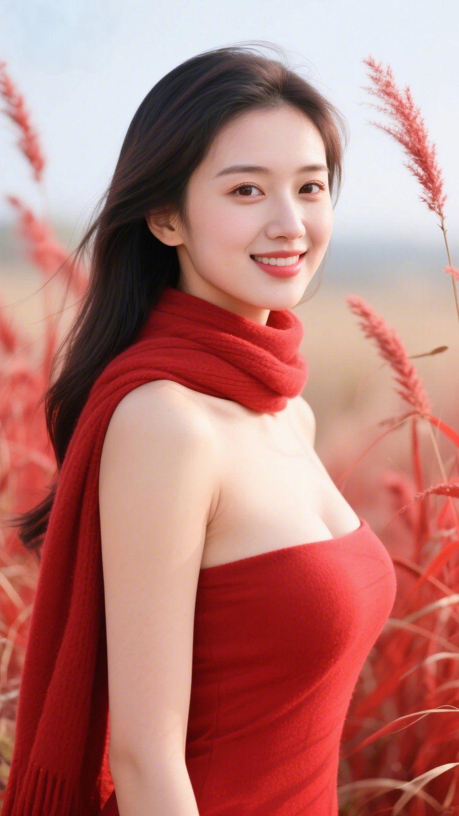 《红草间的秋柔》秋光铺展在坡野，草穗漫成柔红的浪，她立在风里，像一捧轻暖的