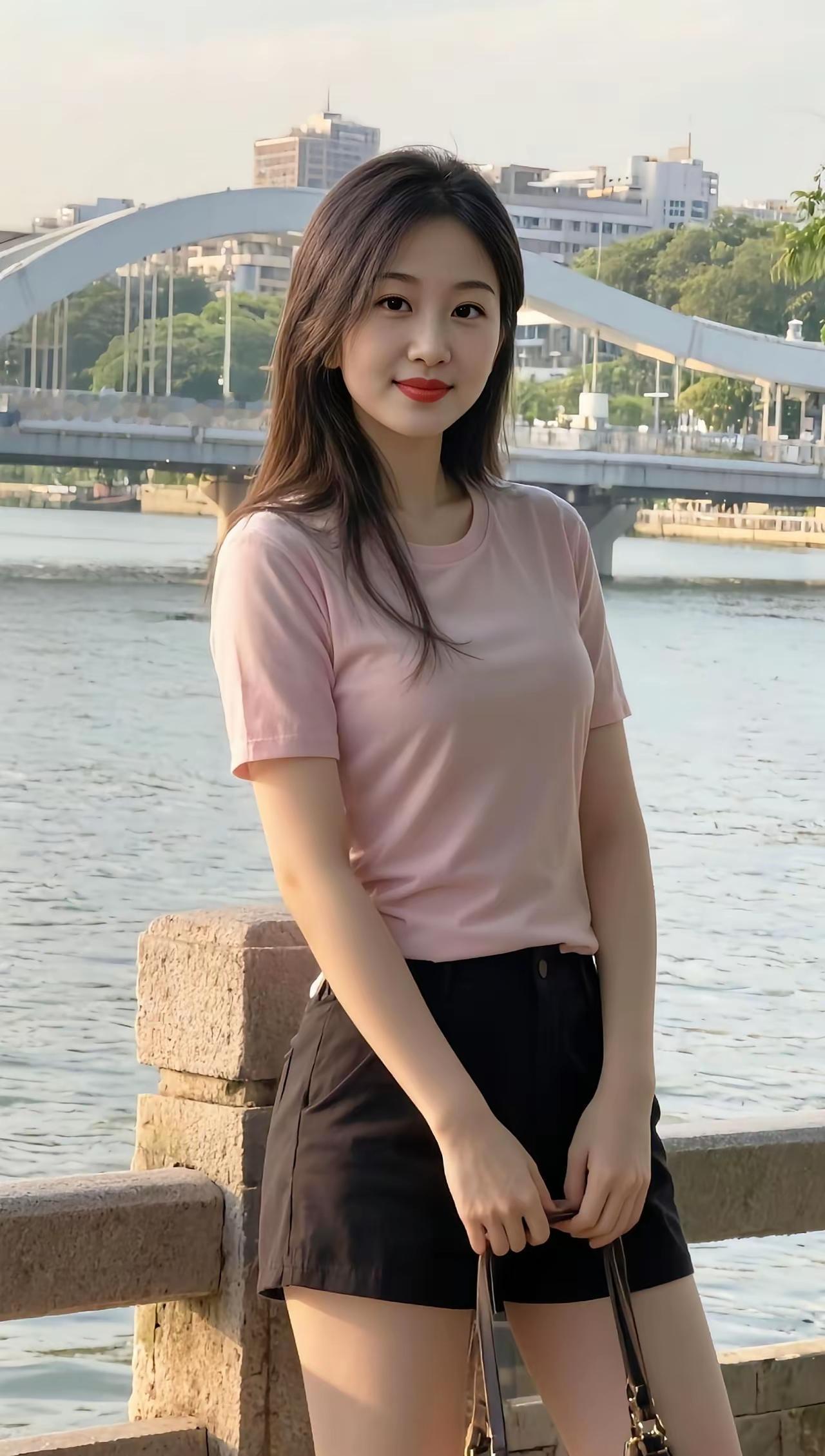一个女孩在河边拍照。