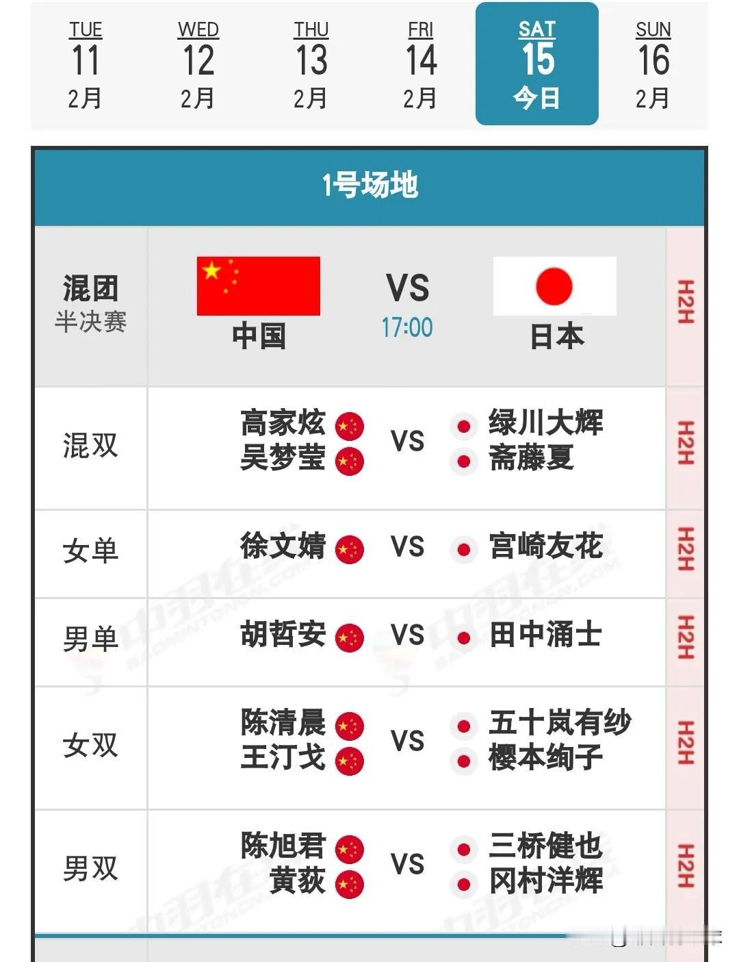 2月15日亚洲羽毛球混团锦标赛半决赛晚场对阵名单今天下午17：00中国队对