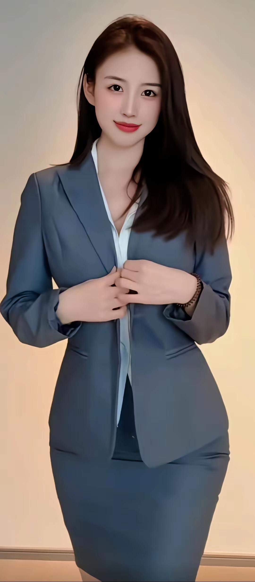 优雅职场风，蓝色西装搭配白色衬衫，自信满满！