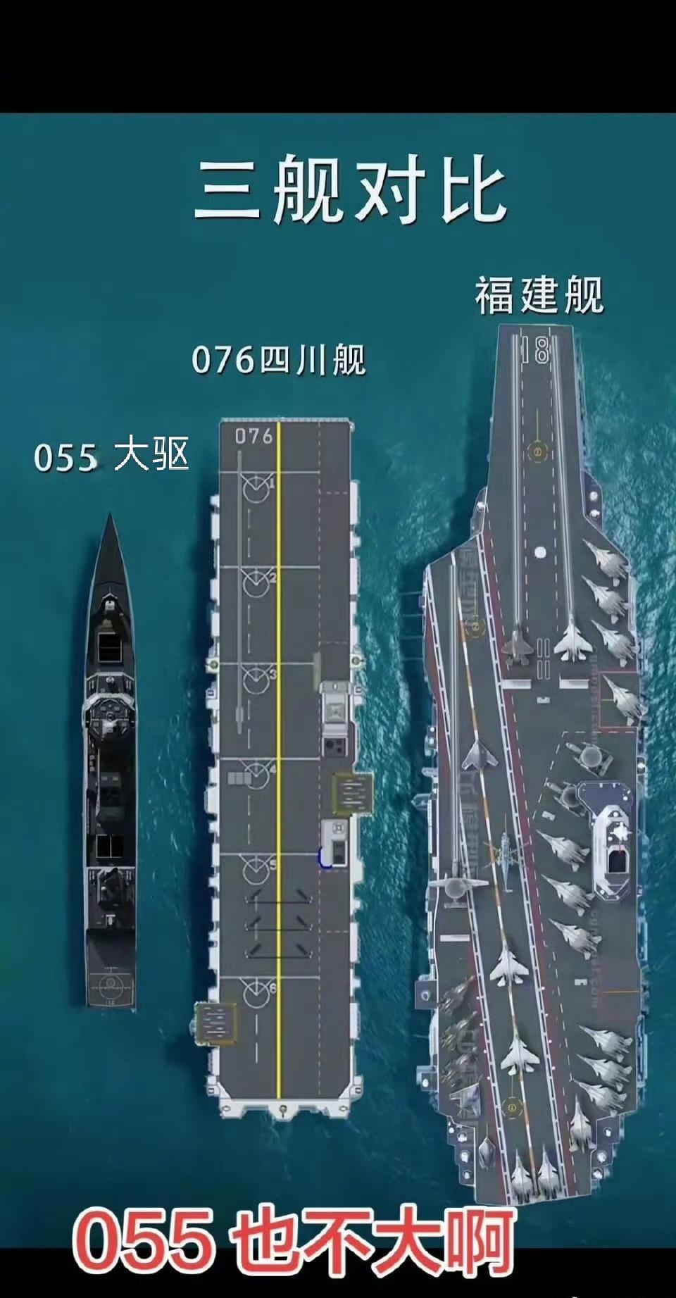 055大驱竟成“小不点”，三舰同框反差直接拉满……谁能想到，在海军序列里堪