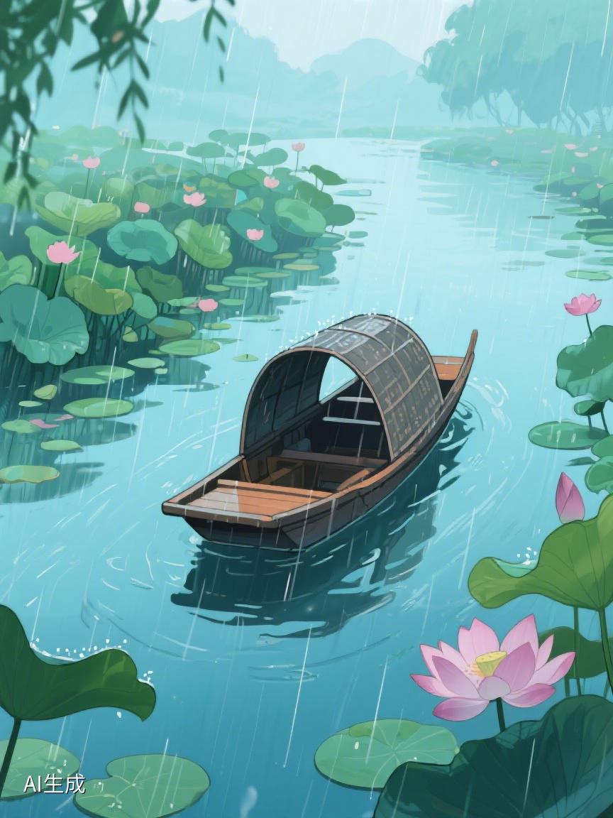 AI妙生图细雨中，荷韵摇曳，扁舟轻漾，于这静谧水乡，思绪随水波缓缓流淌🌿