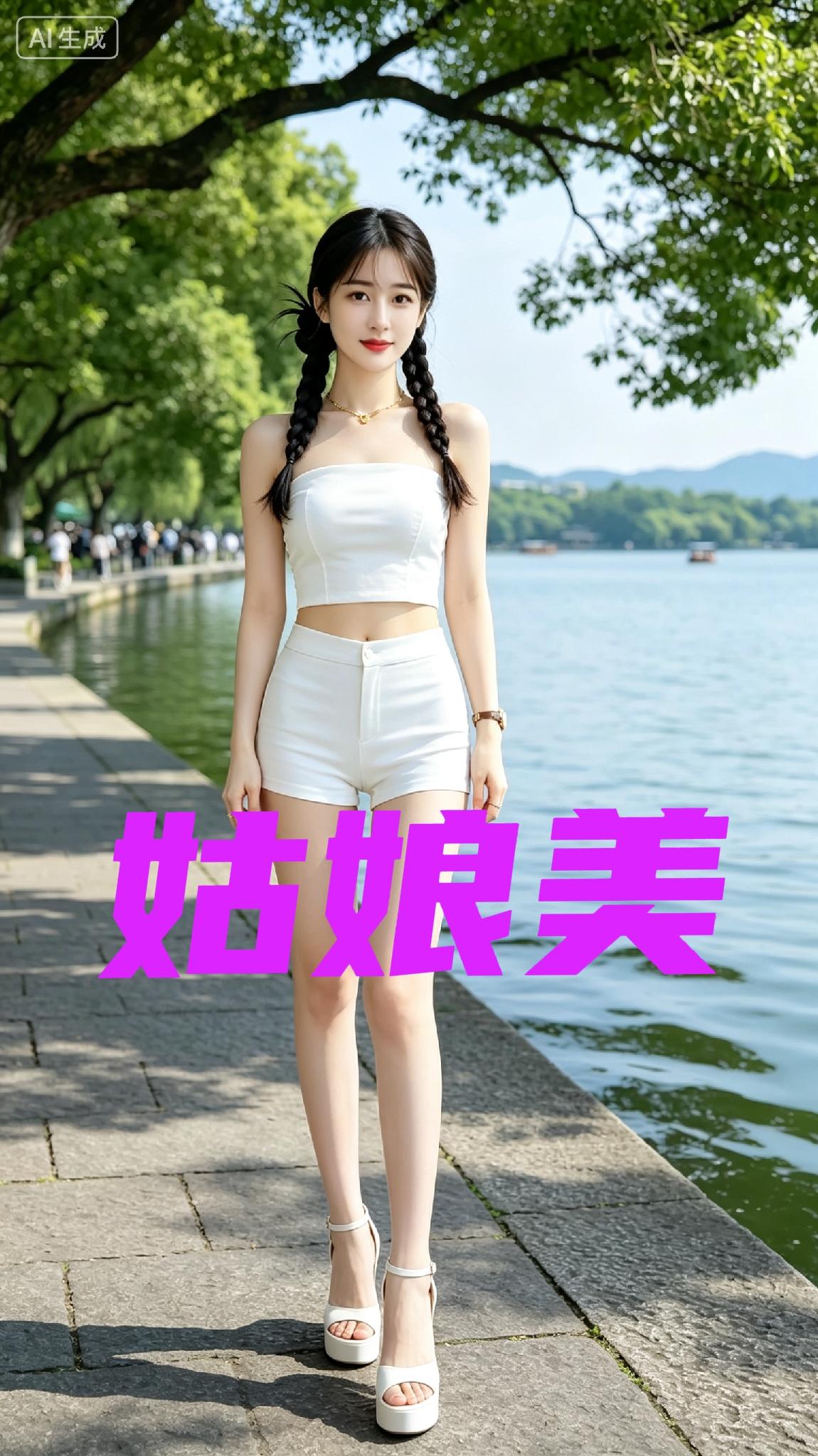 在西湖边遇到位超亮眼的姑娘清爽短衣短裤的穿搭，把好身材展现得淋漓尽致，双麻花辫又