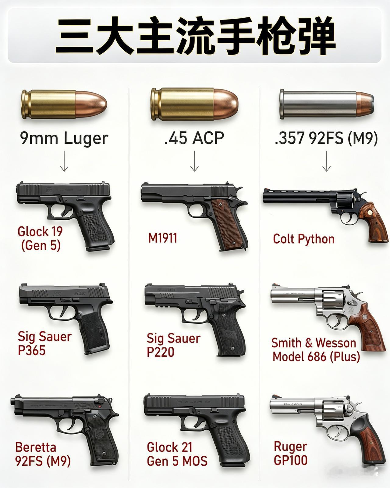 一张图看懂三种最具代表性的手枪弹，以及它们各自的“明星枪型”👇🔹9mm