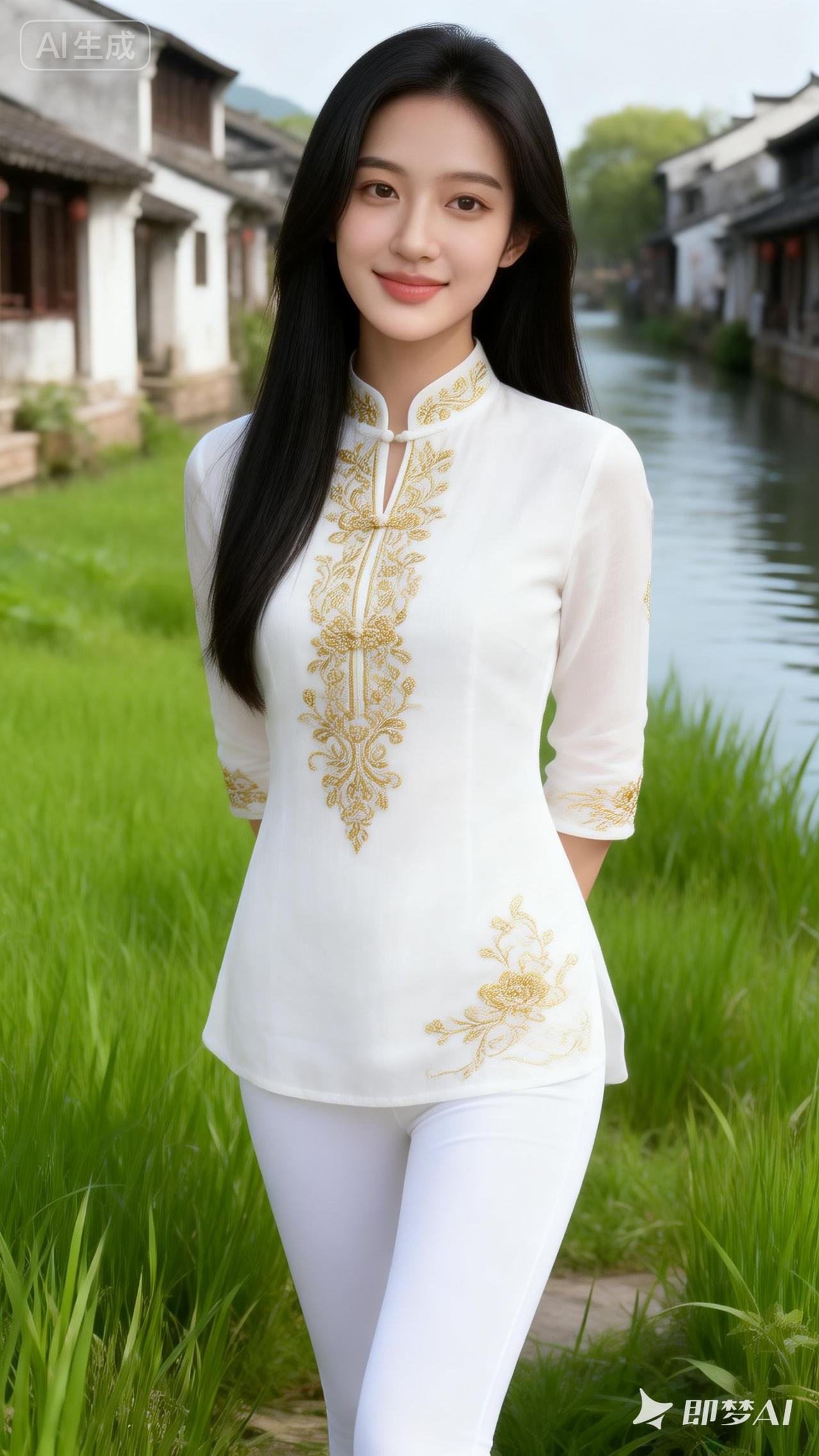 优雅白衣少女，漫步古风水乡，尽显古典韵味。