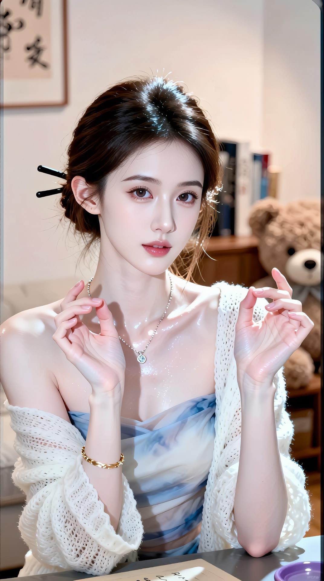 温柔甜美的少女，优雅地展示着她的首饰和穿搭。