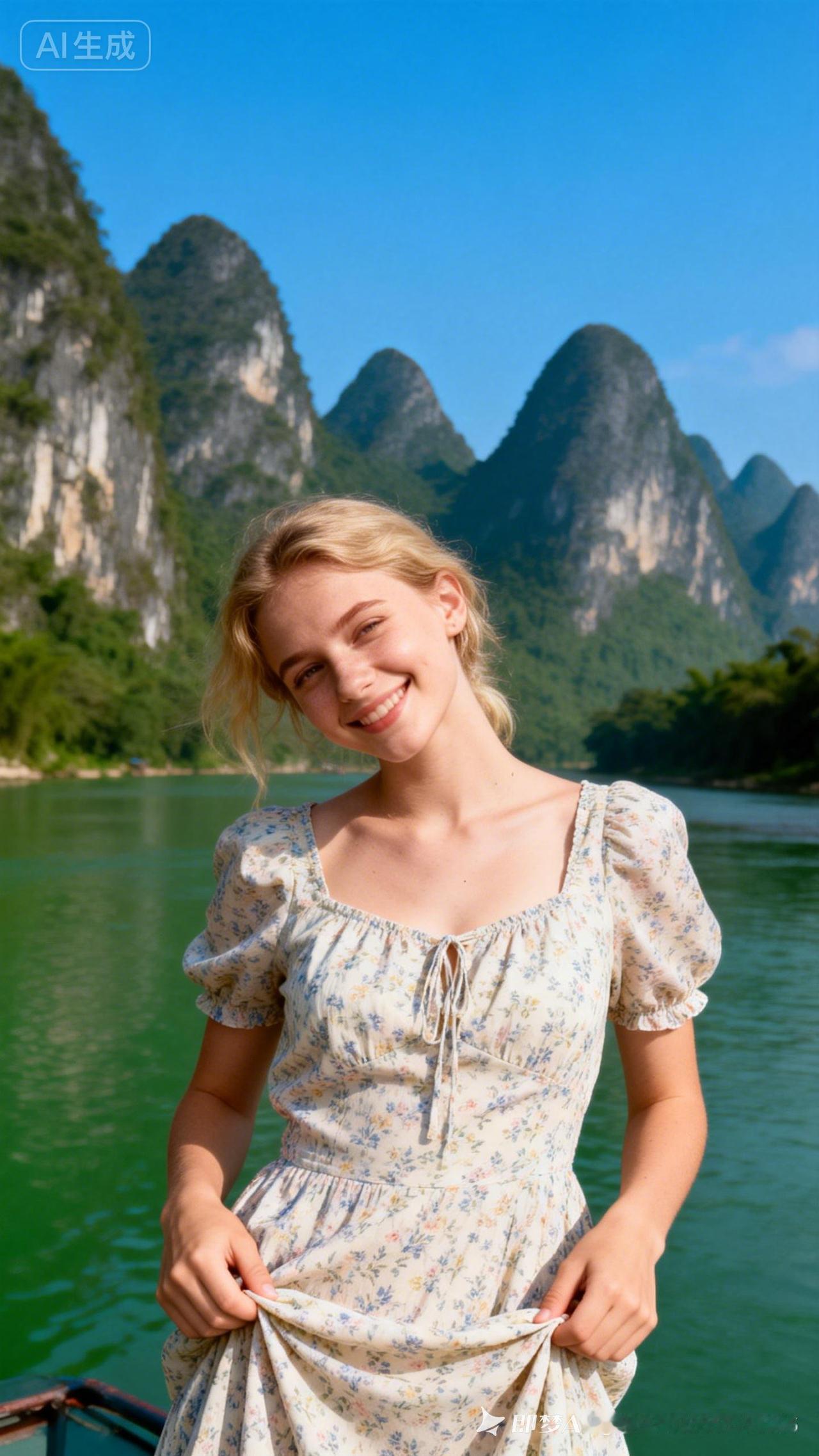 俄罗斯姑娘在桂林山水间，感受自然之美，笑靥如花。
