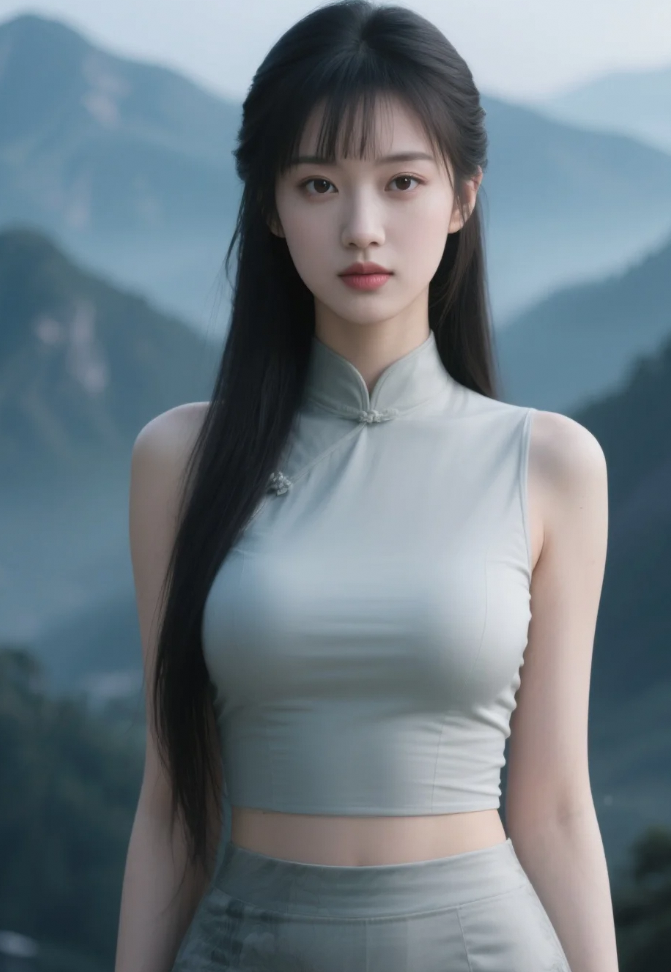 她的眼神纯净而温柔，仿佛与这洁白的世界融为一体。