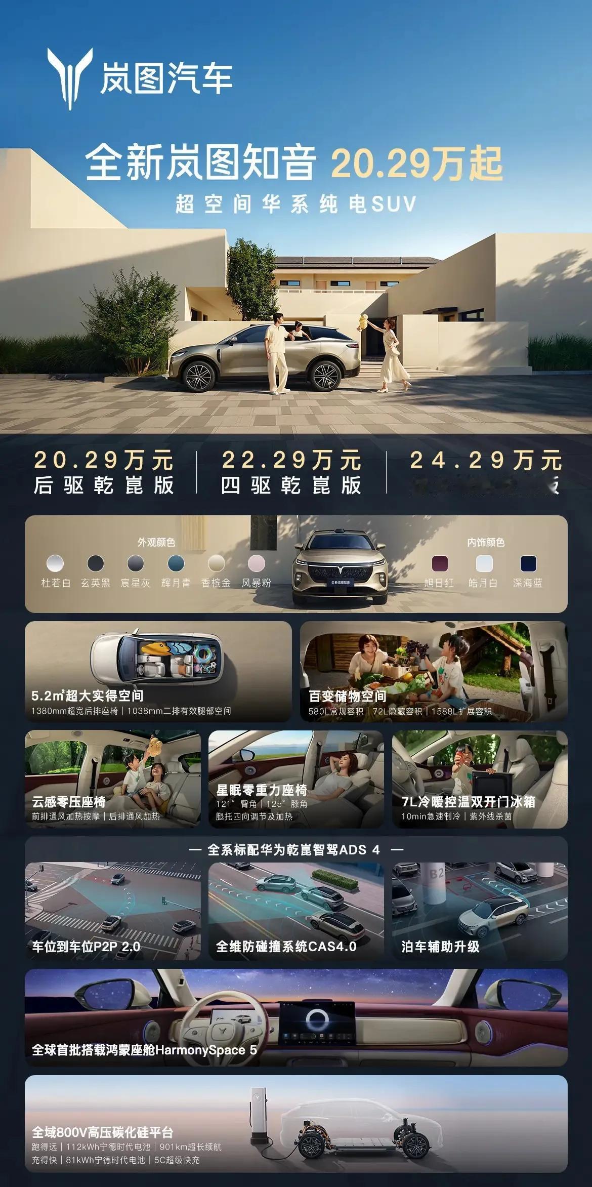 全新岚图知音上市了，20.29万元起配齐华为全家桶。目前新车一共发布三款车型