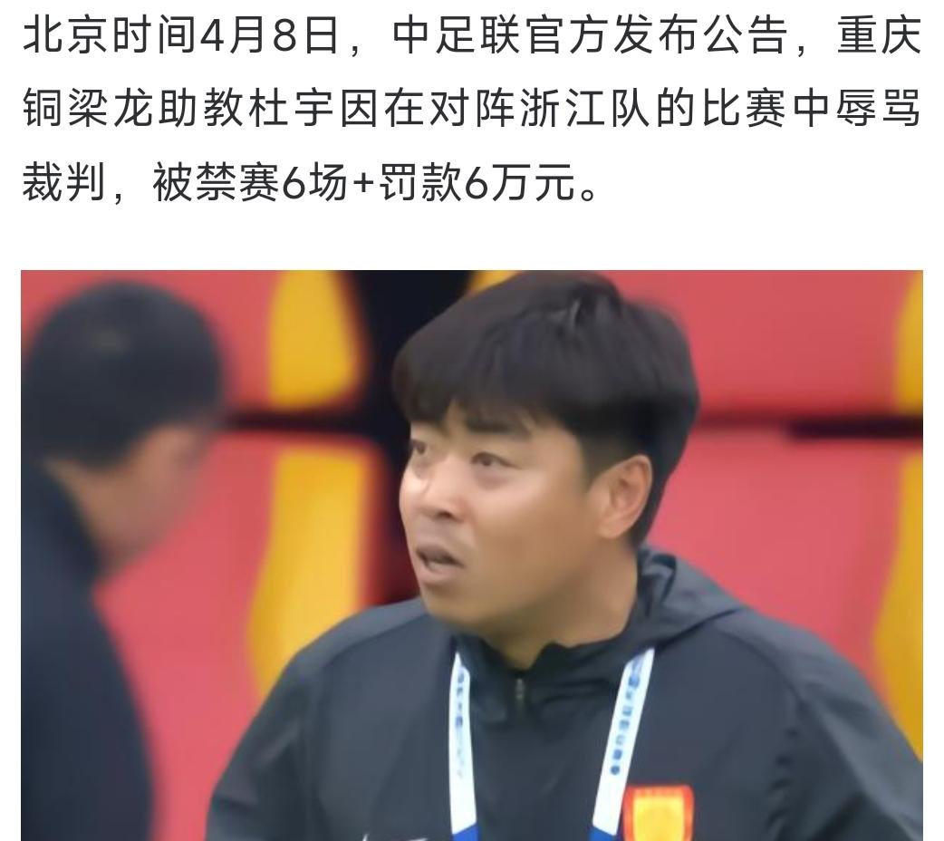 动手的罚4场，骂人动作的罚6场。重庆铜梁龙球迷质疑不公平：为何不能统一标准？
