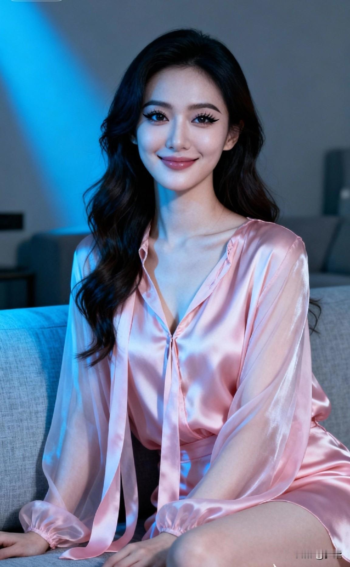 温柔粉色的丝质睡衣，搭配优雅的微笑，尽显女性魅力。
