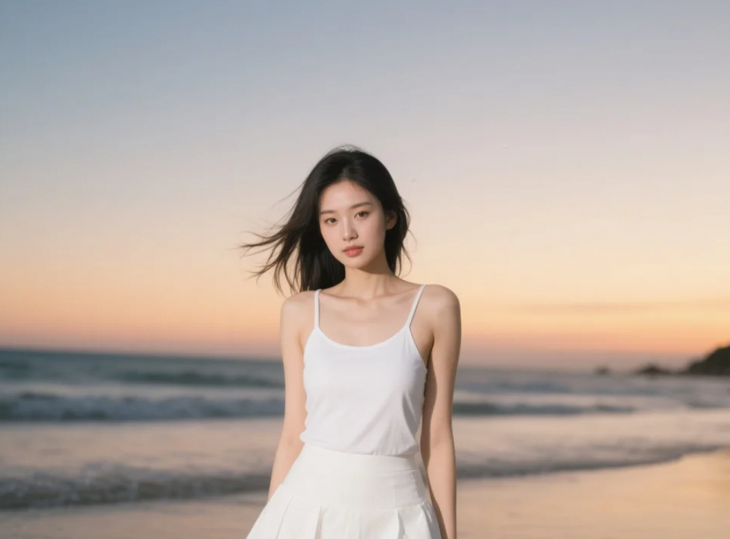 她的容颜点亮了黄昏，白裙点缀了海滩