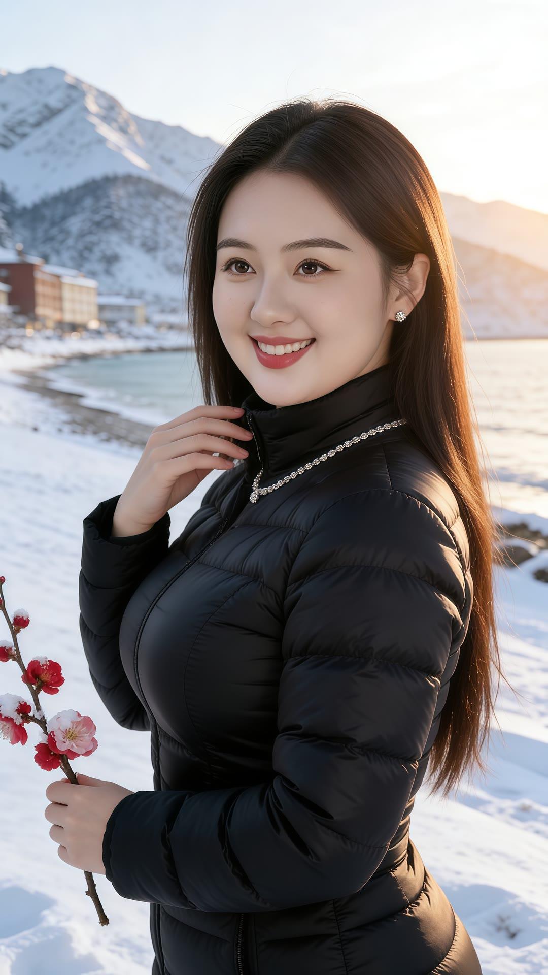 冬日暖阳下的美丽女孩，手捧鲜花，笑容灿烂。