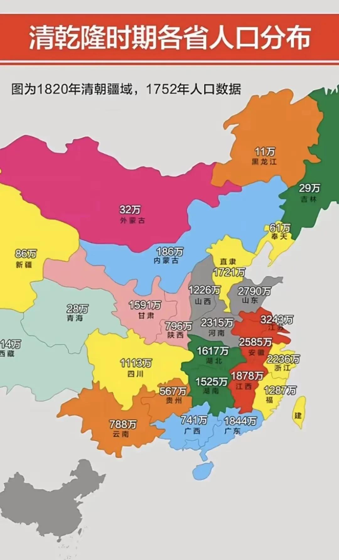 清乾隆时期各省人口分布：1.江苏：3243万人2.山东：2790万人3.安