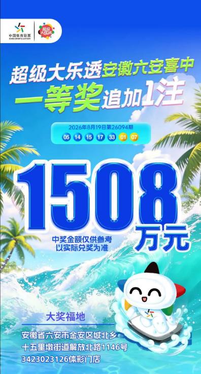 安徽1508万大乐透追加头奖出自六安市金安区城北乡十五里墩街道解放北路1146号