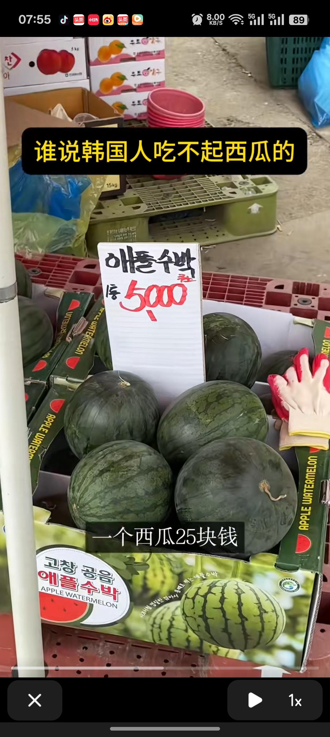 这个在韩国的博主说:谁说韩国人吃不起西瓜的？这一个10多斤的西瓜要5000韩元，