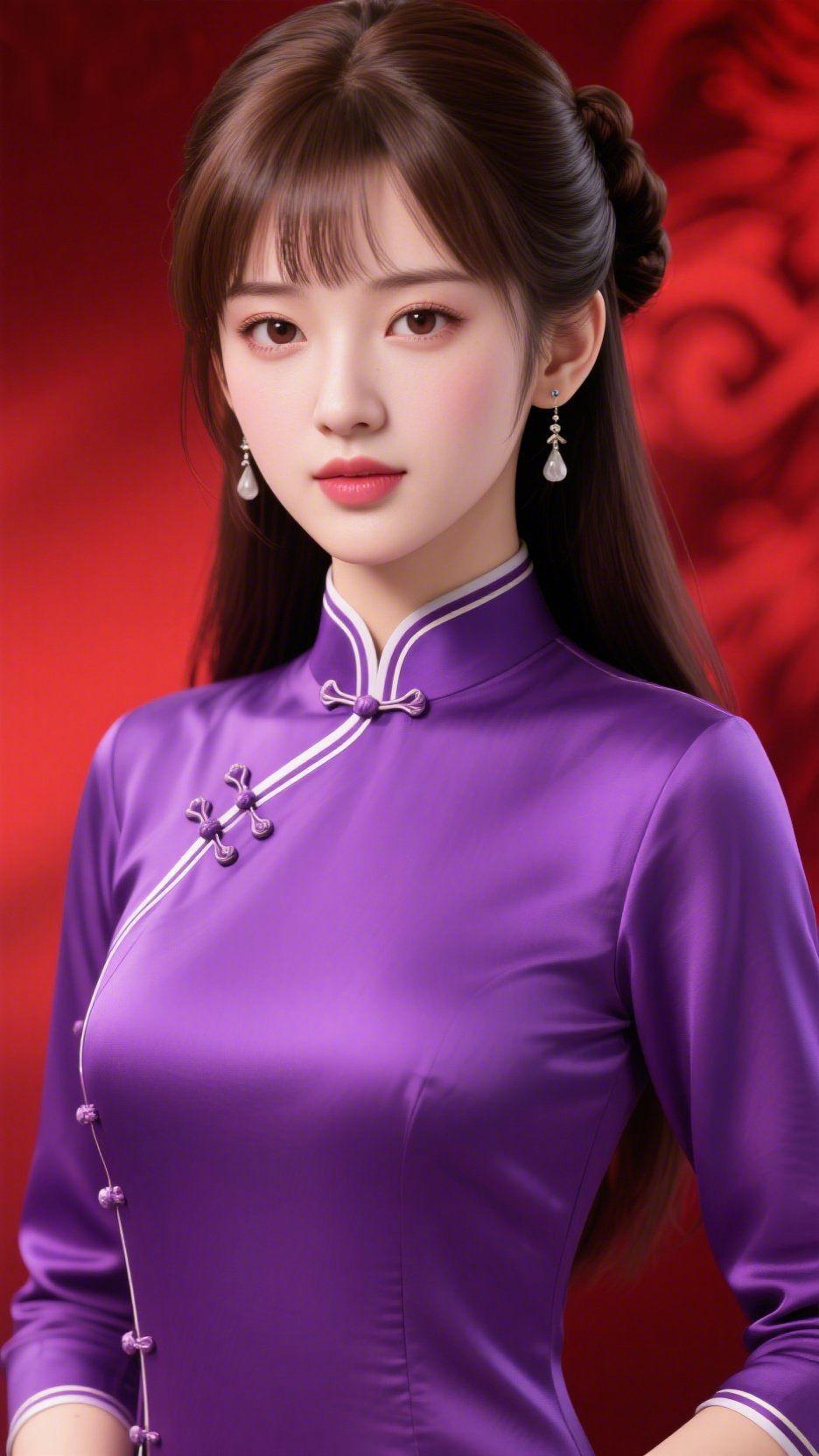 紫襟雅意，红底柔温艳红背景里，那抹深紫如揉软的暮色，轻落衣袂间。旗袍