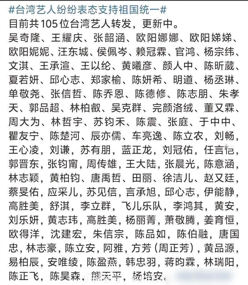 这波台湾艺人集体转发“中国终将实现完全统一”的微博直接燃爆热搜！侯佩岑顶着岛内压