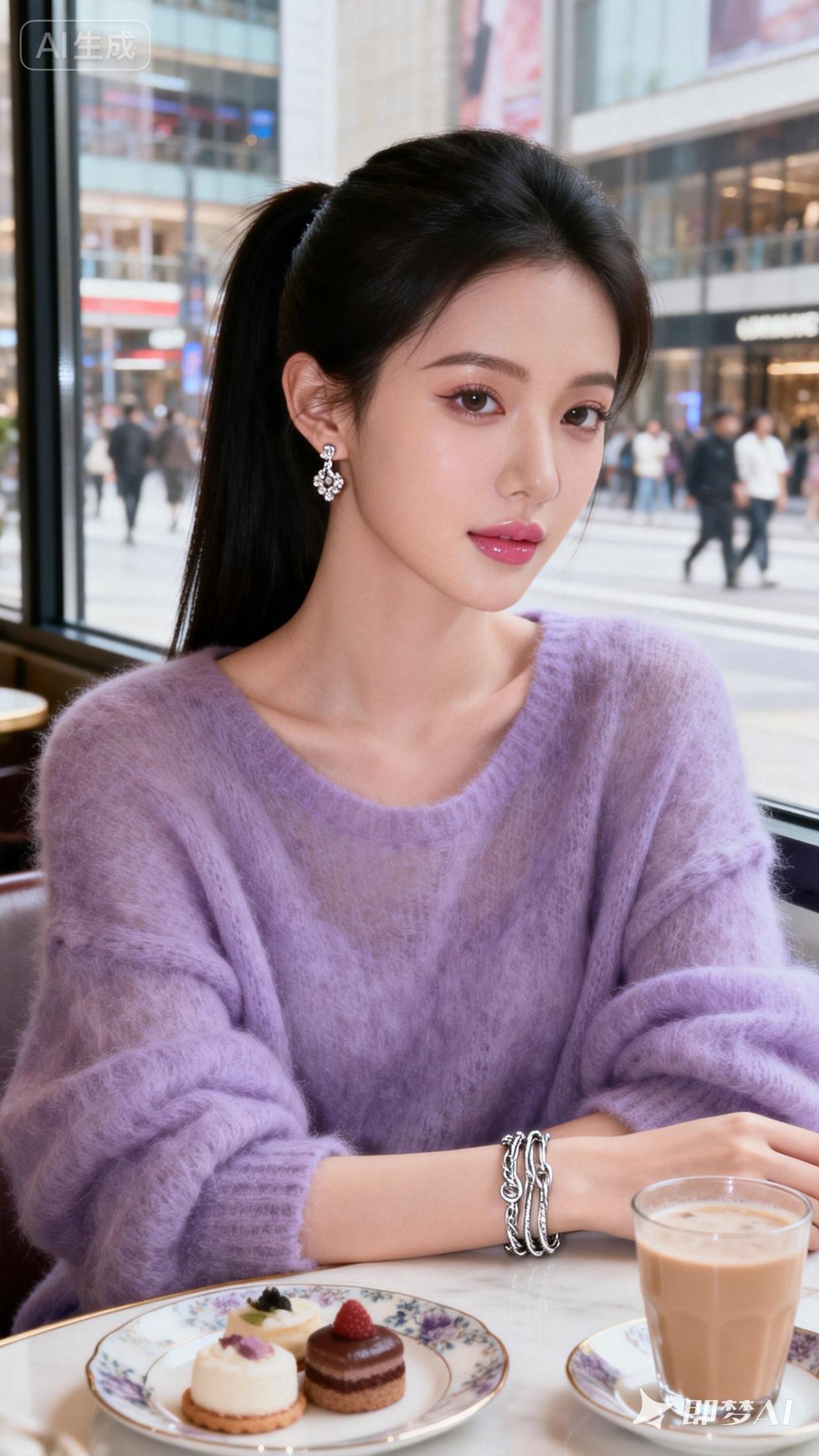 在繁华的都市中，享受一杯咖啡和甜点，感受生活的美好。