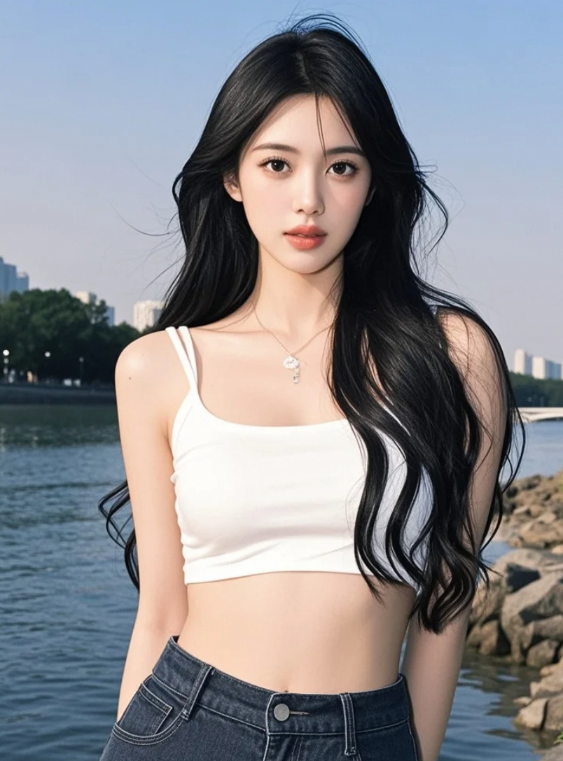 学院风美女河畔漫步百褶裙摆摇曳青春