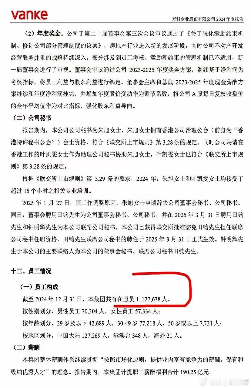万科2023年年报里写着190亿元薪酬支出、员工人均年薪14.9万元的数字横空出