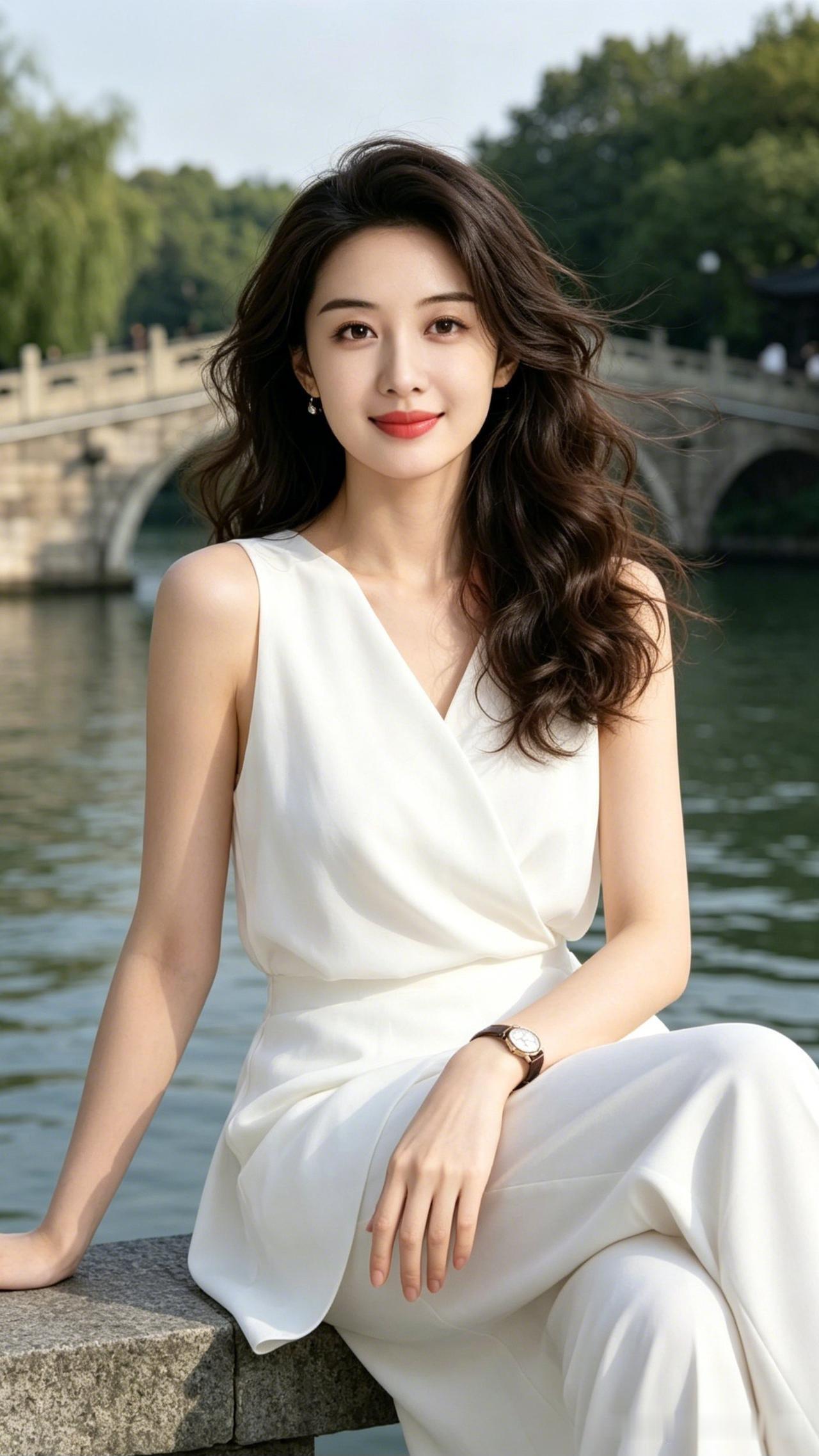 什么样的穿搭可以成为气质女神?优雅白裙，河畔静坐，岁月静好。