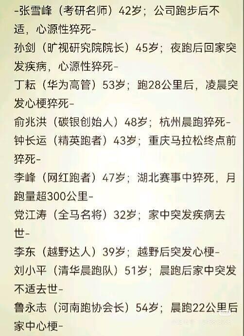 近年来猝死的名人，大家觉得是否与跑步有关？注意身体，劳逸结合