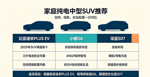 纯电中型SUV兼顾空间和续航，这三台适合家庭用户。比亚迪宋PLUSEV——2