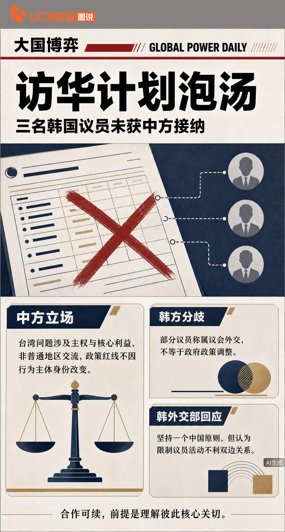 三名韩国议员因曾访台被移出名单，国会级访华计划随之取消。韩方称属议会交流，中方视作触碰红线。安全靠美