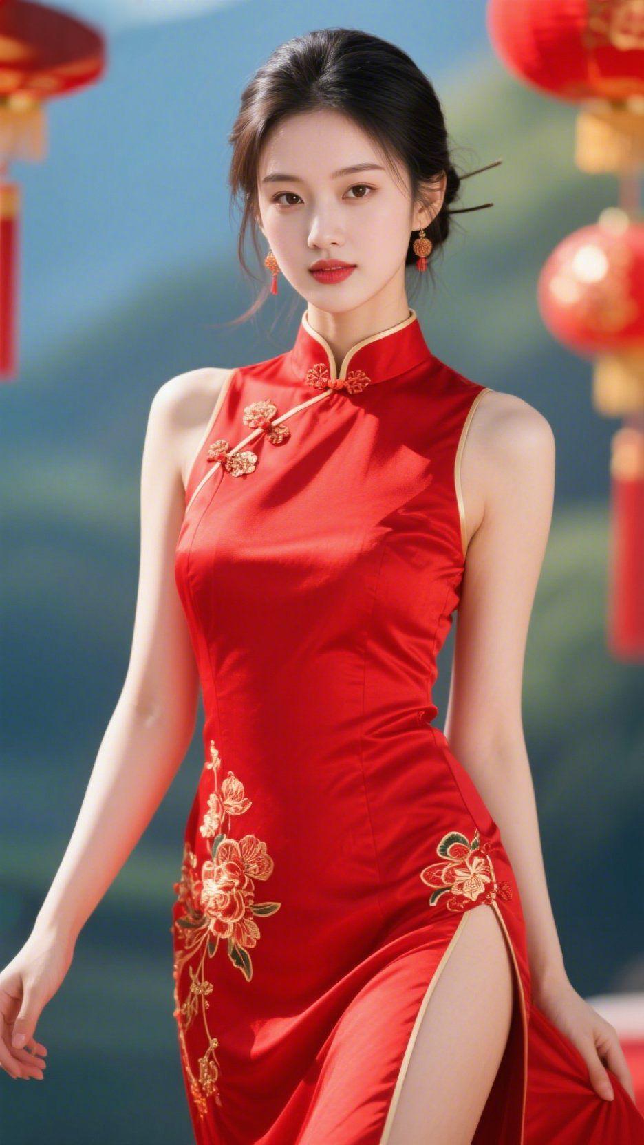 红缎承韵，风裁雅意正红缎面旗袍舒展的刹那，像把檐下灯笼的暖光裁作了衣装。金绣花