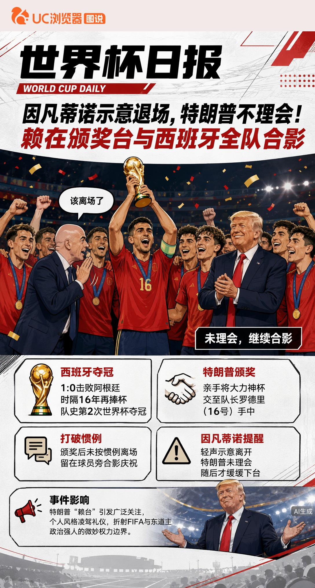因凡蒂诺示意退场，特朗普不理会！赖在颁奖台与西班牙全队合影