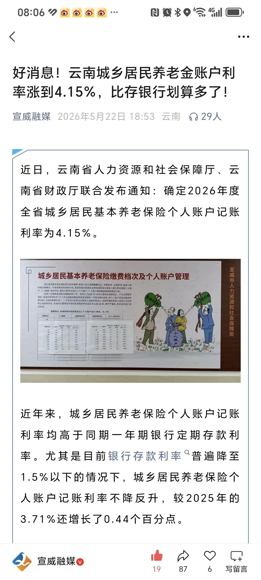云南省的家人们，好消息来了。已经确定了，云南省2026年城乡居民养老保险，个