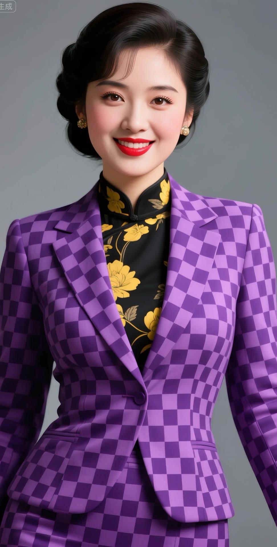 优雅紫棋格套装，复古与现代的完美结合