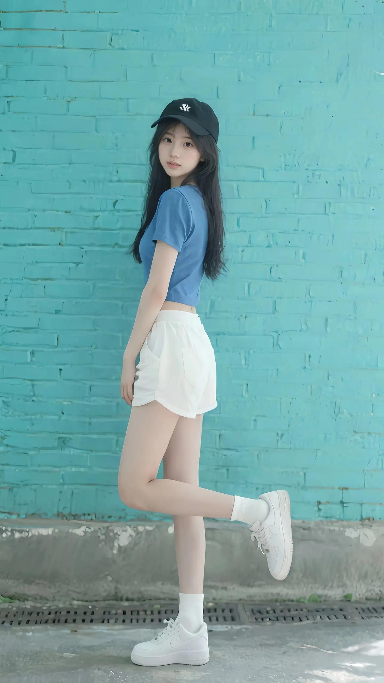 青春洋溢的少女，蓝白相间，活力满满！🌞👗👒