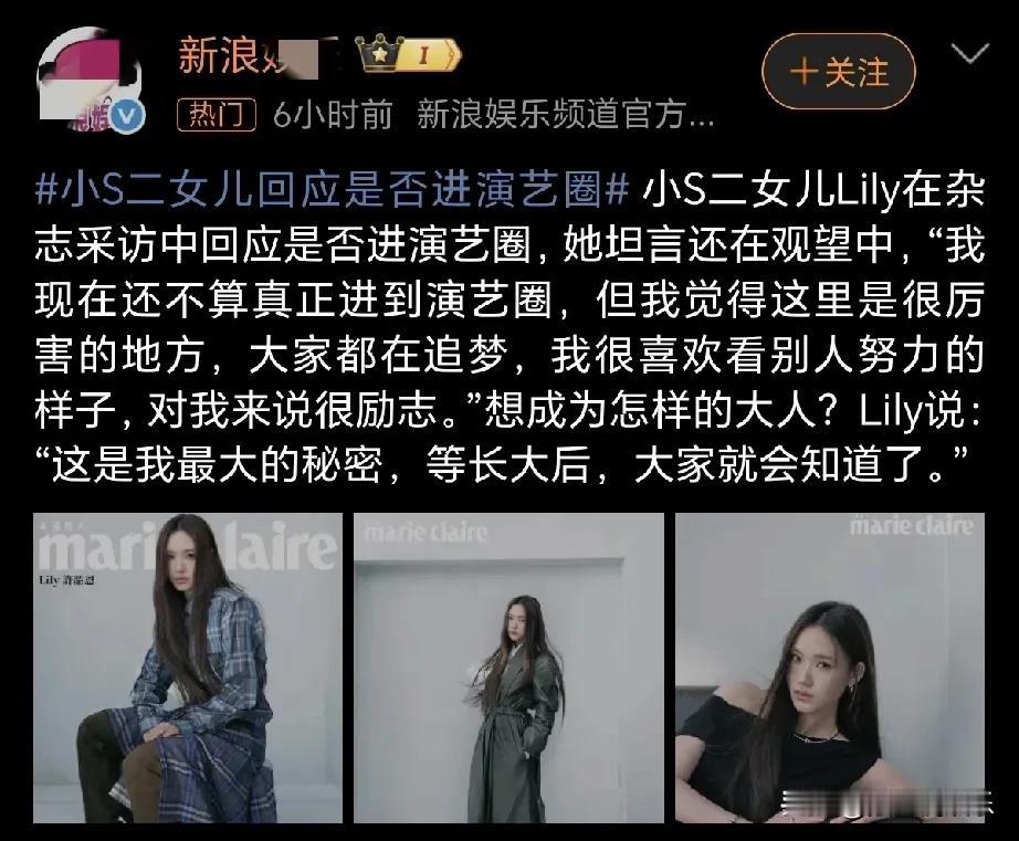 在最近的杂志采访里，小S的二女儿Lily谈到了自己未来是否会进入演艺圈的问题。她