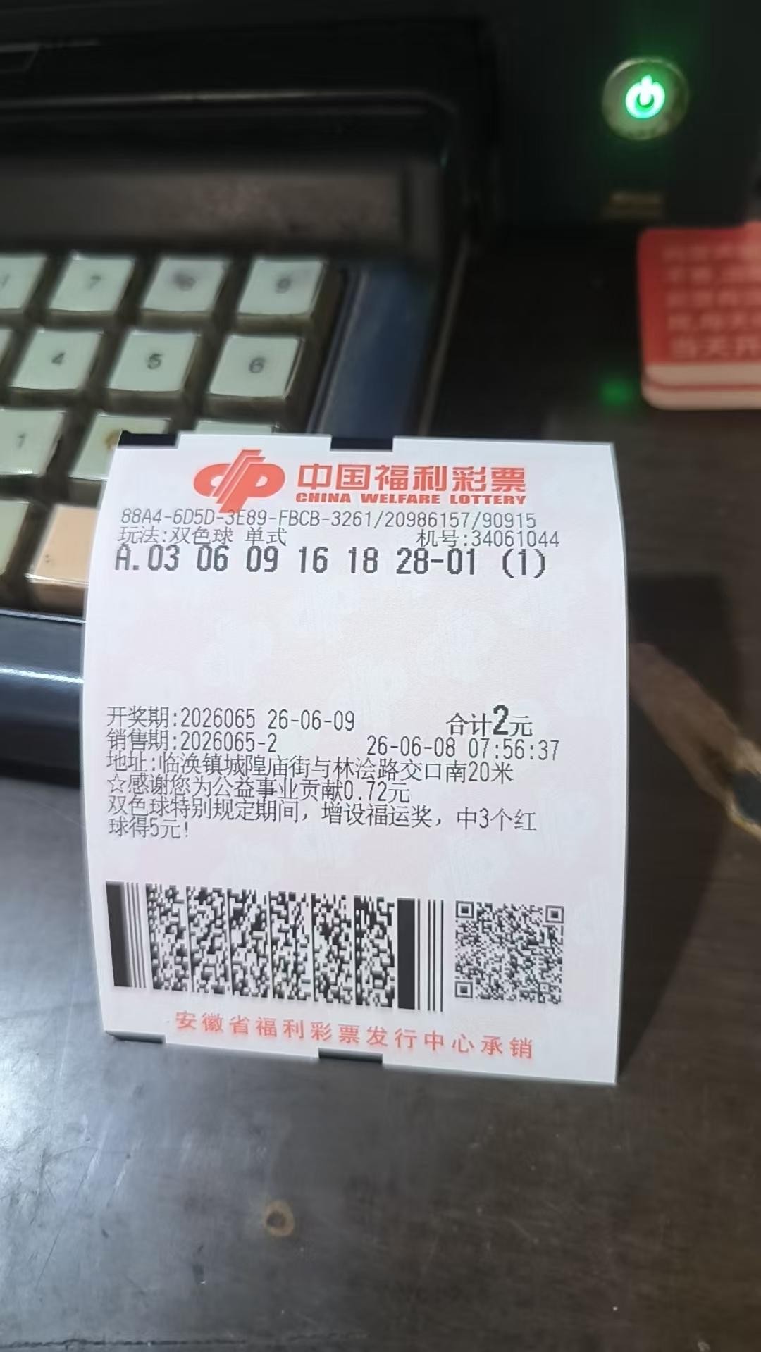双色球晒票26065期瞎胡选