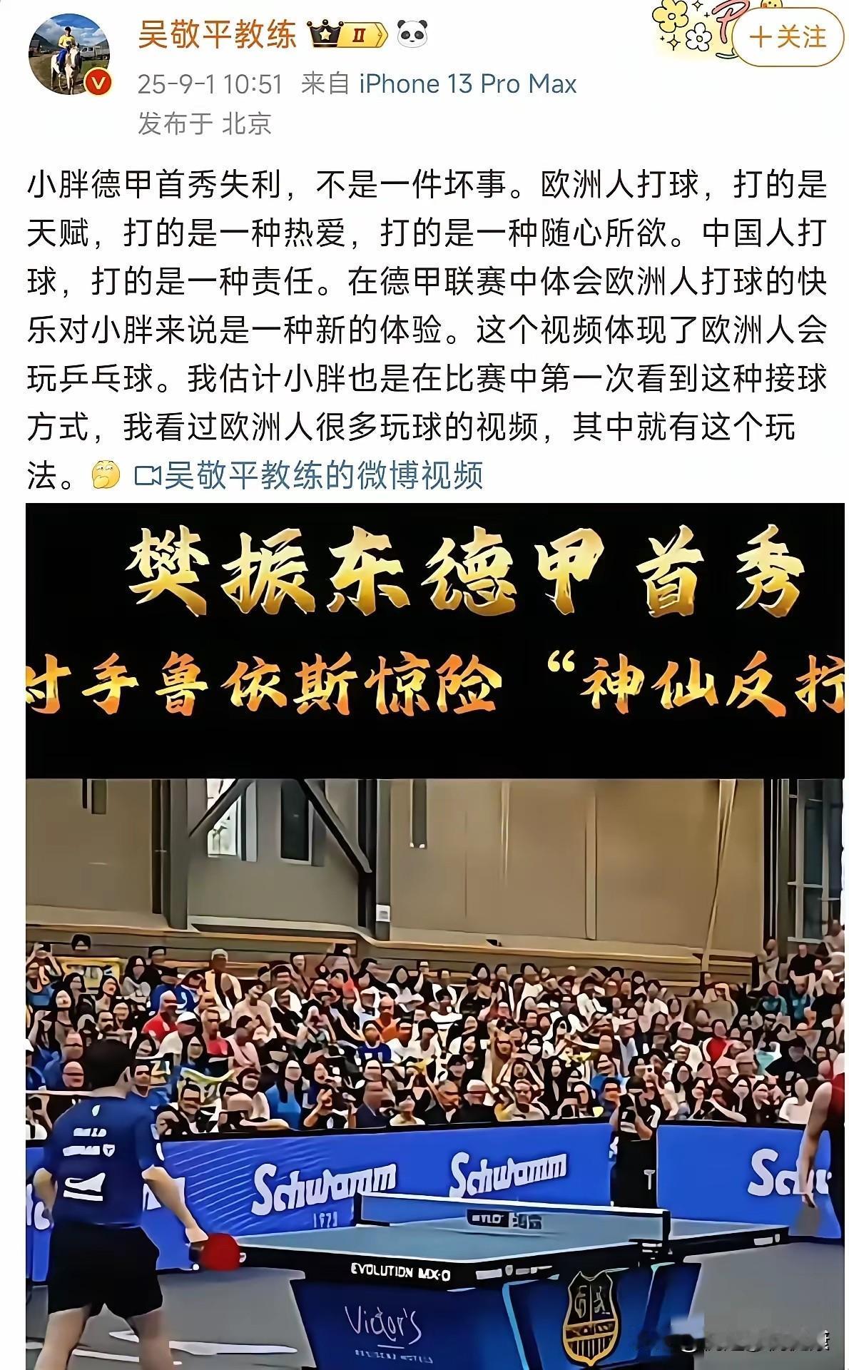 樊振东德甲首秀失利，吴敬平分析爱徒失利原因！樊振东德甲首秀两场比赛都遗憾落