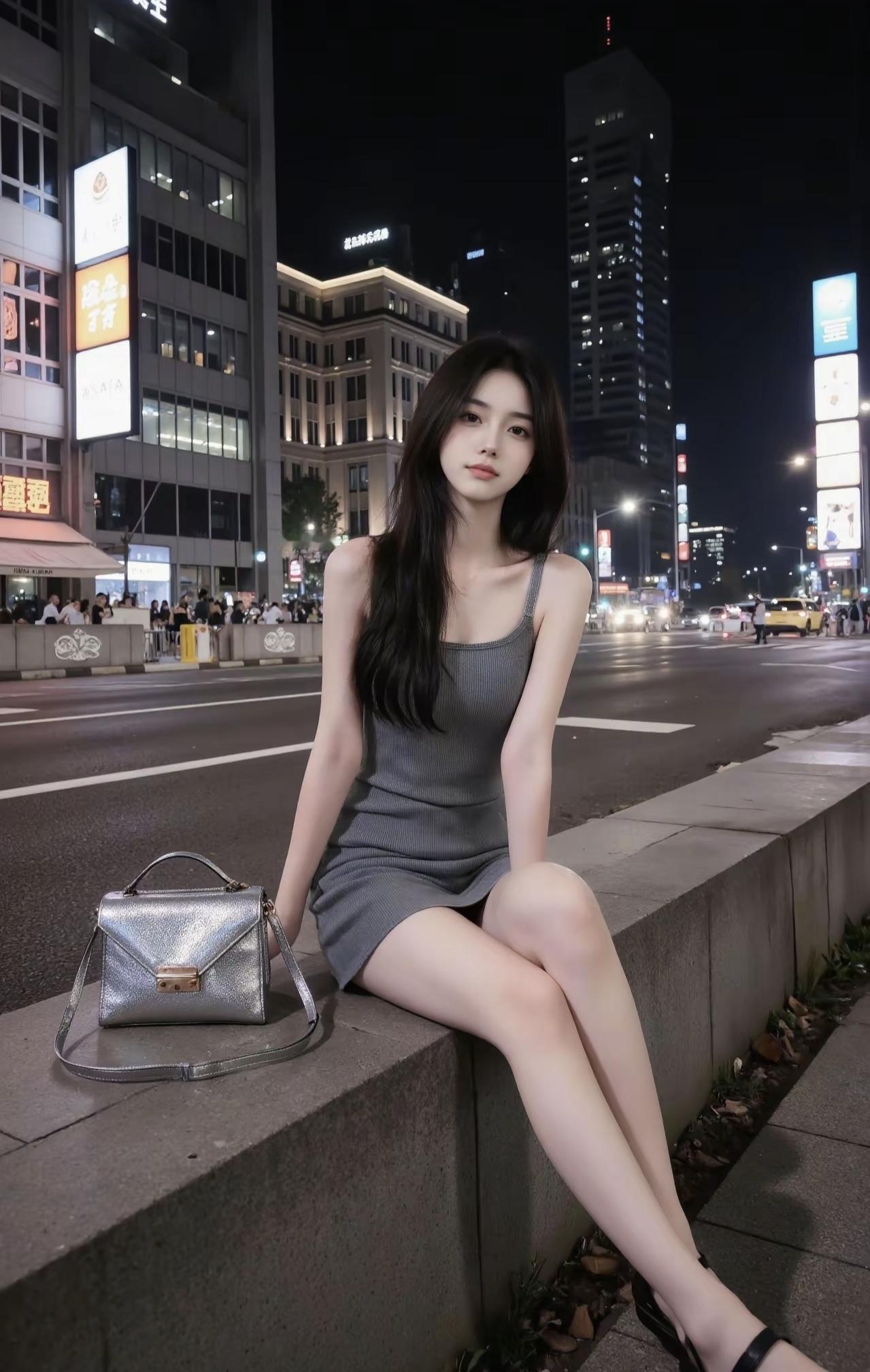 夜色裹着城市的霓虹漫过来，风里混着街灯的暖光和晚高峰的余温。灰裙贴着肩线落下来，